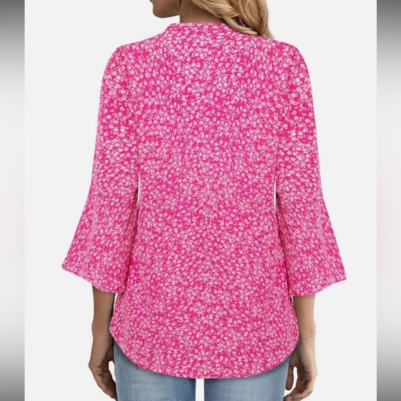 Gaharu Women's Ditsy Floral Top V Neck Chiffon Blouse 3/4 Sleeve Pink Large - Picture 2 of 11